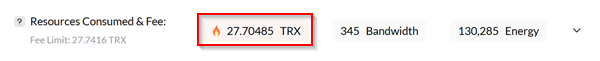 screenshot from tronscan explorer showing how 27 trx is burned to get 130285 tron energy