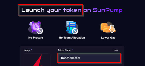 Interface showing how to launch your token on Tron