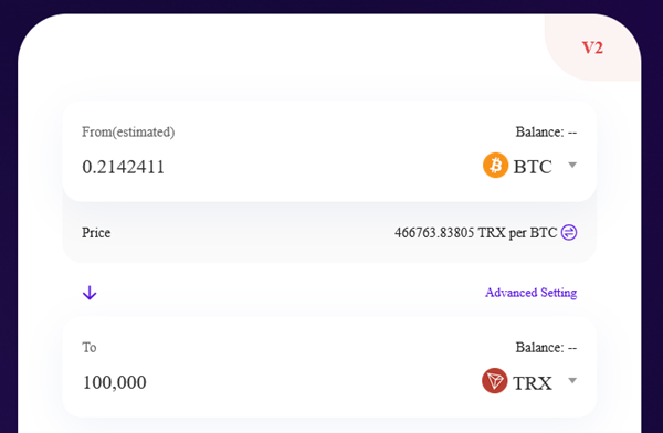 Swap trade on DEX 0.2142411 BTC is swapped for 100000 TRX