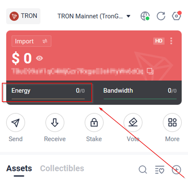 Tronlink wallet interface displaying available Tron Energy